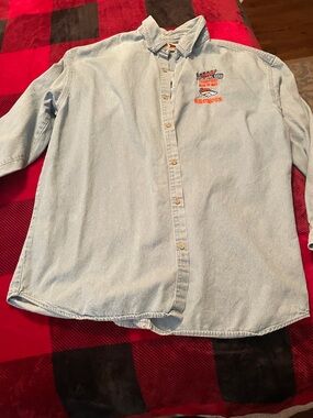 Light Blue Denim Button-Down Shirt with Broncos Embroidery